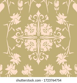 Repeatable vector pattern with florals and abstract traditional style designs. Elegant and intricate in pale pink and beige suitable for home decor, gift wrap. Slightly quirky style 