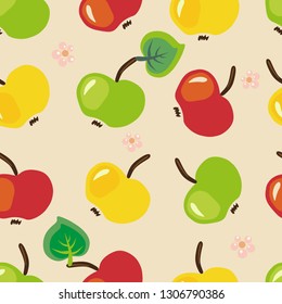 Repeatable vector pattern with green, red, and yellow apples and flowers on creamy background