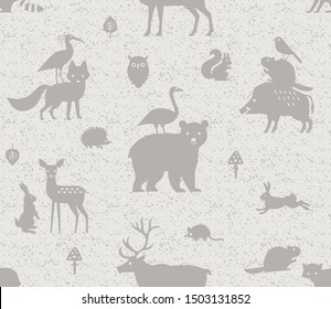 Repeatable wild animal pattern consisting of wild animals, fox, bear,
squirrel, mouse, goose,rabbit, owl, deer, bird, wild boar and beaver on biscuit and vintage background.