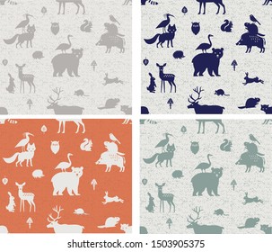 Repeatable wild animal pattern consisting of wild animals, fox, bear,
squirrel, mouse, goose,rabbit, owl, deer, bird, wild boar and beaver on light grey and vintage background.
