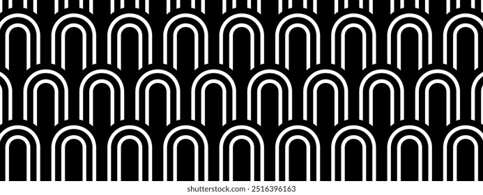 Plano de fundo de formas de arco ou oval repetido. Estilo boho ou art deco. Papel de parede moderno abstrato. Impressão geométrica moderna. Elegante ornamento retro. Ilustração gráfica vetorial.
