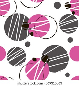 Repeated backdrop for girls, childish, fashion textile, fabric, wrapping paper. Cute funny wallpaper with circles. Girlish seamless pattern on white background with pink and grey geometric rounds