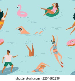 Repeated background with people relaxing and swimming in the sea, are relaxing and diving into the water and surf board. Surfer on the waves. Summertime beach vector illustration. Flat design.