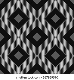 Repeated black diamonds and lines. Ikat wallpaper. Seamless surface pattern design with rhombuses ornament. Lozenge motif. Digital paper for page fills, textile print, web designing. Ethnic vector art