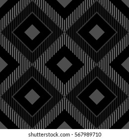 Repeated black diamonds and lines. Ikat wallpaper. Seamless surface pattern design with rhombuses ornament. Lozenge motif. Digital paper for page fills, textile print, web designing. Ethnic vector art