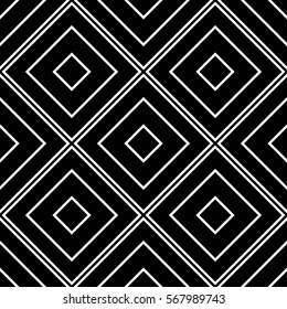 Repeated black diamonds and lines. Ikat wallpaper. Seamless surface pattern design with rhombuses ornament. Lozenge motif. Digital paper for page fills, textile print, web designing. Ethnic vector art