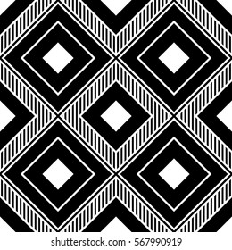 Repeated black diamonds and lines. Ikat wallpaper. Seamless surface pattern design with rhombuses ornament. Lozenge motif. Digital paper for page fills, textile print, web designing. Ethnic vector art