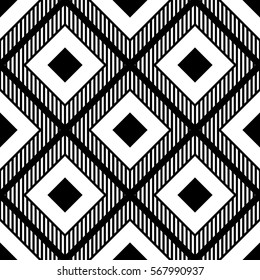 Repeated black diamonds and lines. Ikat wallpaper. Seamless surface pattern design with rhombuses ornament. Lozenge motif. Digital paper for page fills, textile print, web designing. Ethnic vector art