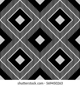 Repeated black diamonds and lines. Ikat wallpaper. Seamless surface pattern design with rhombuses ornament. Lozenge motif. Digital paper for page fills, textile print, web designing. Ethnic vector art
