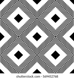 Repeated black diamonds and lines. Ikat wallpaper. Seamless surface pattern design with rhombuses ornament. Lozenge motif. Digital paper for page fills, textile print, web designing. Ethnic vector art