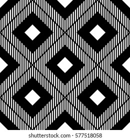 Repeated black diamonds and lines. Ikat wallpaper. Seamless surface pattern design with rhombuses ornament. Lozenge motif. Digital paper for page fills, textile print, web designing. Ethnic vector art