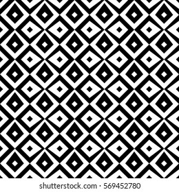 Repeated black diamonds on white background. Ethnic wallpaper. Seamless surface pattern design with rhombuses ornament. Polygons motif. Digital paper for textile print, web designing. Vector art.