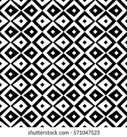 Repeated black diamonds on white background. Ethnic wallpaper. Seamless surface pattern design with rhombuses ornament. Polygons motif. Digital paper for textile print, web designing. Vector art.