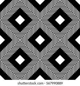 Repeated black diamonds, squares and lines. Ikat wallpaper. Seamless surface pattern design with rhombuses ornament. Lozenge motif. Digital paper for textile print, web designing. Ethnic vector art