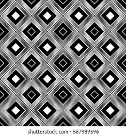 Repeated black diamonds and strokes. Ikat wallpaper. Seamless surface pattern design with rhombuses ornament. Lozenge motif. Digital paper for page fills, textile print, web designing. Ethnic vector