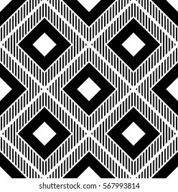 Repeated black diamonds and strokes. Ikat wallpaper. Seamless surface pattern design with rhombuses ornament. Lozenge motif. Digital paper for page fills, textile print, web designing. Ethnic vector.