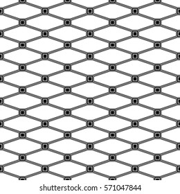 Repeated black figures and lines. Geometric wallpaper. Seamless surface pattern design with elongated octagons and squares. Diamonds motif. Digital paper for textile print, web designing. Vector art.