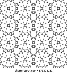 Repeated black figures and lines. Geometric wallpaper. Seamless surface pattern design with overlapping elongated octagons and squares. Lacy motif. Digital paper for textile print, web designing.