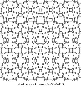 Repeated black figures and lines. Geometric wallpaper. Seamless surface pattern design with overlapping elongated octagons and squares. Lacy motif. Digital paper for textile print, web designing.