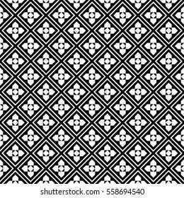 Repeated black figures and lines on white background. Ethnic wallpaper. Seamless surface pattern design with diamonds ornament. Rhombuses motif. Digital paper, textile print, web designing. Vector