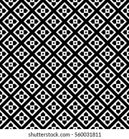 Repeated black figures and lines on white background. Ethnic wallpaper. Seamless surface pattern design with floral ornament. Polygons motif. Digital paper for textile print, web designing. Vector.