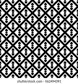Repeated black figures and lines on white background. Ethnic wallpaper. Seamless surface pattern design with arrows ornament. Embroidery motif. Digital paper for textile print, web designing. Vector