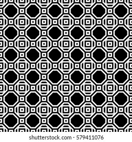 Repeated black figures and lines on white background. Symmetric geometric wallpaper. Seamless surface pattern design with regular octagons and squares. Tiles motif. Digital paper for textile print.