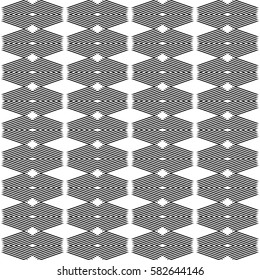 Repeated black figures and lines on white background. Diamonds wallpaper. Seamless surface pattern design with rhombuses and strokes. Lozenge motif. Digital paper for textile print. Vector art.