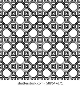 Repeated black figures and lines on white background. Symmetric geometric wallpaper. Seamless surface pattern design with regular octagons and squares. Tiles motif. Digital paper for textile print.
