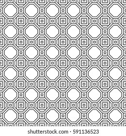 Repeated black figures and lines on white background. Symmetric geometric wallpaper. Seamless surface pattern design with regular octagons and squares. Tiles motif. Digital paper for textile print.