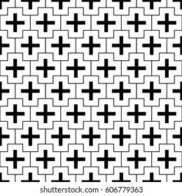 Repeated black figures and lines on white background. Crosses wallpaper. Seamless surface pattern design with polygons. Mosaic motif. Digital paper for page fills, web designing, textile print. Vector