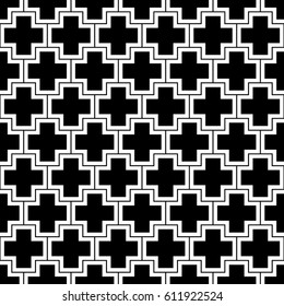 Repeated black figures and lines on white background. Crosses wallpaper. Seamless surface pattern design with polygons. Mosaic motif. Digital paper for page fills, web designing, textile print. Vector