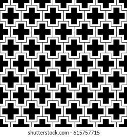 Repeated black figures and lines on white background. Crosses wallpaper. Seamless surface pattern design with polygons. Mosaic motif. Digital paper for page fills, web designing, textile print. Vector