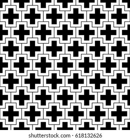 Repeated black figures and lines on white background. Crosses wallpaper. Seamless surface pattern design with polygons. Mosaic motif. Digital paper for page fills, web designing, textile print. Vector