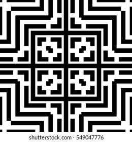 Repeated black figures on white background. Ornamental wallpaper. Seamless surface pattern design with symmetrical lines, polygons and brackets ornament. Ethnic motif. Digital paper for print. Vector