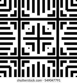 Repeated black figures on white background. Ornamental wallpaper. Seamless surface pattern design with symmetrical lines, crosses and brackets ornament. Ethnic motif. Digital paper for print. Vector