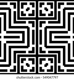 Repeated black figures on white background. Ornamental wallpaper. Seamless surface pattern design with symmetrical lines, polygons and brackets ornament. Ethnic motif. Digital paper for print. Vector