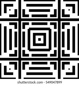 Repetidas figuras negras sobre fondo blanco. Papel pintado ornamental. Diseño de superficie sin inconvenientes con líneas simétricas, cuadrados y soportes ornamentales. Motivo étnico. Papel digital para impresión. Vector