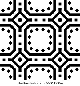 Repeated black figures on white background. Ethnic wallpaper. Seamless surface pattern design with symmetrical rhombuses, squares and other polygons ornament. Geometric motif. Digital paper. Vector