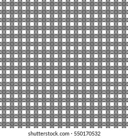 Repeated black figures on white background. Ethnic wallpaper. Seamless surface pattern design with symmetrical rhombuses, squares and other polygons ornament. Geometric motif. Digital paper. Vector
