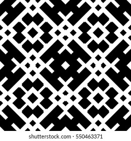 Repeated black figures on white background. Ethnic wallpaper. Seamless surface pattern design with symmetrical polygons ornament. Geometric motif. Digital paper for textile print, web design. Vector