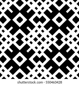 Repeated black figures on white background. Ethnic wallpaper. Seamless surface pattern design with symmetrical polygons ornament. Geometric motif. Digital paper for textile print, web design. Vector