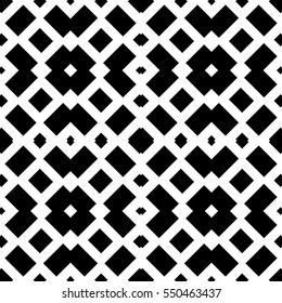 Repeated black figures on white background. Ethnic wallpaper. Seamless surface pattern design with symmetrical polygons ornament. Geometric motif. Digital paper for textile print, web design. Vector