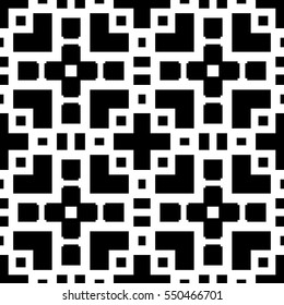 Repeated black figures on white background. Ethnic wallpaper. Seamless surface pattern design with symmetrical polygons ornament. Geometric motif. Digital paper for textile print, web design. Vector