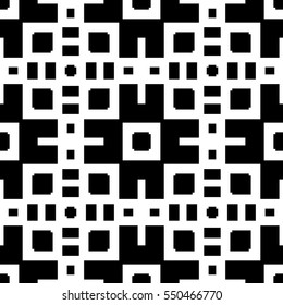 Repeated black figures on white background. Ethnic wallpaper. Seamless surface pattern design with symmetrical polygons ornament. Geometric motif. Digital paper for textile print, web design. Vector