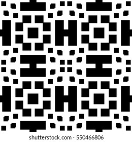 Repeated black figures on white background. Ethnic wallpaper. Seamless surface pattern design with symmetrical polygons ornament. Geometric motif. Digital paper for textile print, web design. Vector