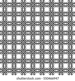 Repeated black figures on white background. Ethnic wallpaper. Seamless surface pattern design with symmetrical rhombuses, squares and other polygons ornament. Geometric motif. Digital paper. Vector