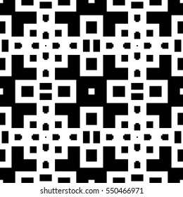 Repeated black figures on white background. Ethnic wallpaper. Seamless surface pattern design with symmetrical polygons ornament. Geometric motif. Digital paper for textile print, web design. Vector
