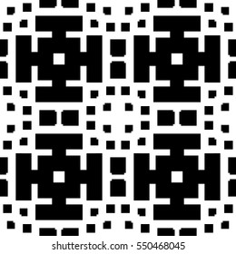 Repeated black figures on white background. Ethnic wallpaper. Seamless surface pattern design with symmetrical polygons ornament. Geometric motif. Digital paper for textile print, web design. Vector