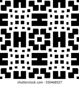 Repeated black figures on white background. Ethnic wallpaper. Seamless surface pattern design with symmetrical polygons ornament. Geometric motif. Digital paper for textile print, web design. Vector